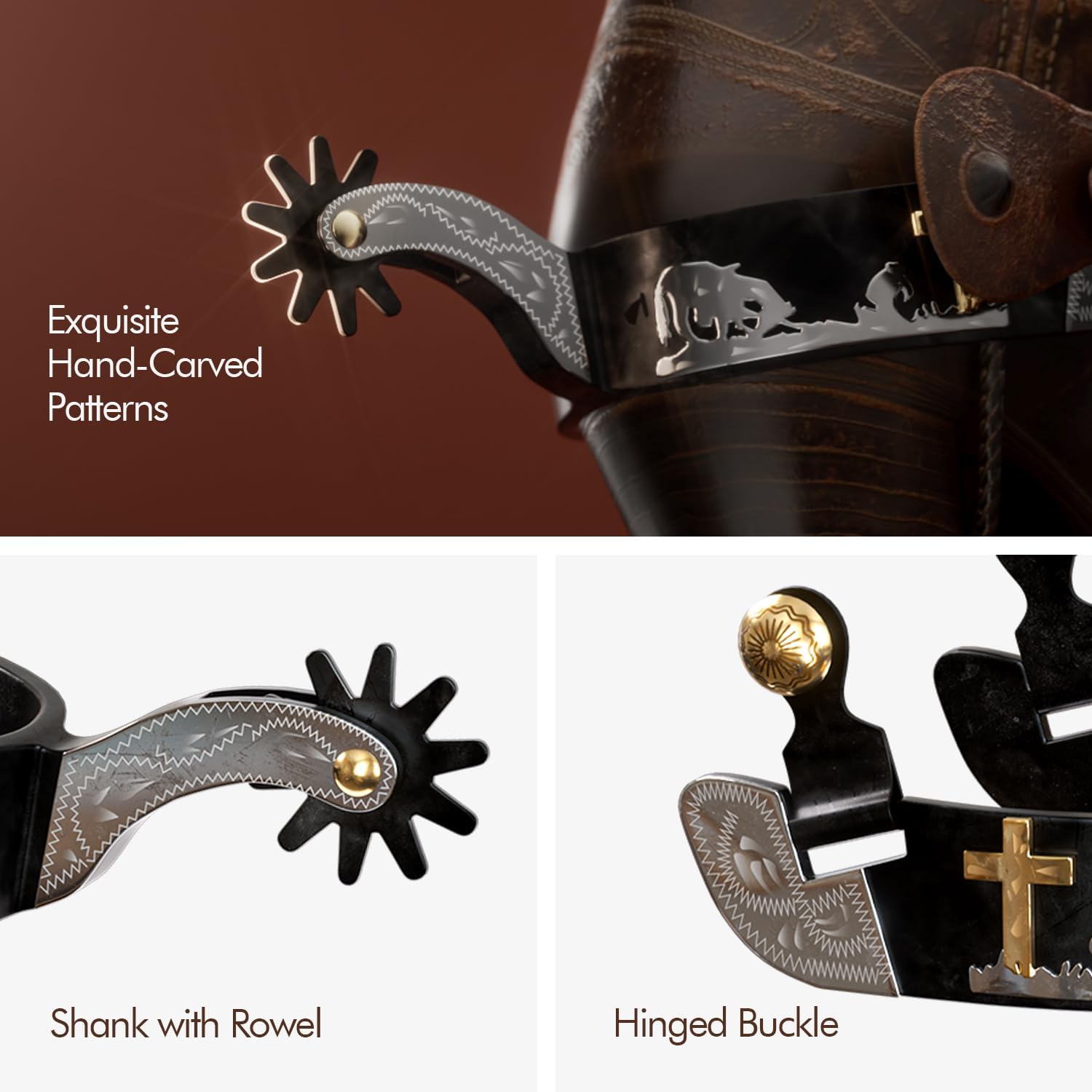 Western Cowboy Spurs, 1 Pair Horse Boot Spurs with Rowels, Antique Hand-Carved for Adult Equestrian, Men Women