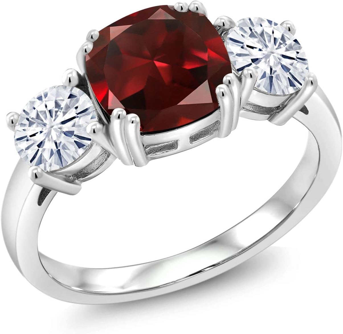 Gem Stone King 3.60 Cttw Red Garnet and White Moissanite 3-Stone Engagement Ring For Women | 925 Sterling Silver | January Birthstone | Cushion 8MM and Round 5MM | Available In Size 5, 6, 7, 8, 9