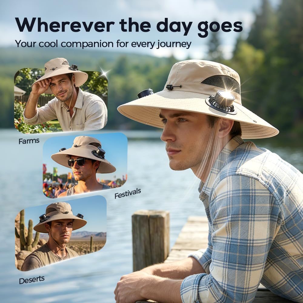 Solar Fan Hat, 2026 New Wide Brim Solar Fan Hat, Hat with Fans Solar Power for Men Women, Sun Hats for Outdoor Fishing