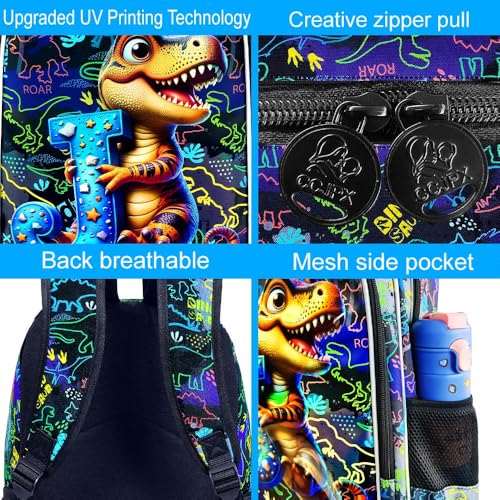 Image of 3Pcs Dinosaur Backpack, 16 inch Boys Bookbag with Lunch Box, Kids School Backpacks Set for Elementary Preschool Kindergarten (Balck)