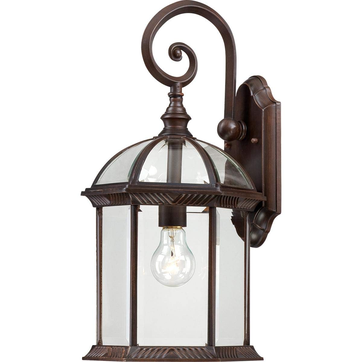 nuvo lighting 60/4965 boxwood one light mid-size wall lantern/arm down 100 watt a19 max. clear beveled glass rustic bronze outdoor fixture