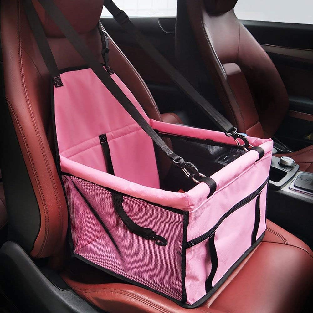 HIPPIH Collapsible Pet Booster Car Seat - 2 Support Bars, Portable Small Dog Cat Car Carrier with Safety Leash and Zipper Storage Pocket (All Pink)