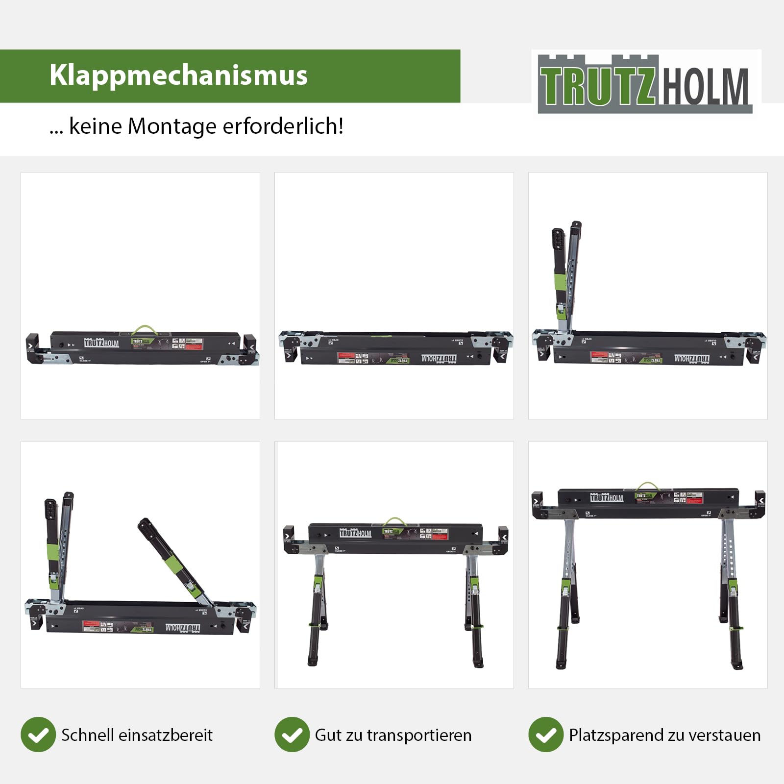 TRUTZHOLM 2x Sägebock 2.0 DELUXE 9-fach höhenverstellbar Stahl bis 1300 kg Klappbock Arbeitsbock Werkbock verstellbare Klemmen für Kanthölzer integrierter Tragegriff Unterstellbock Werkbank