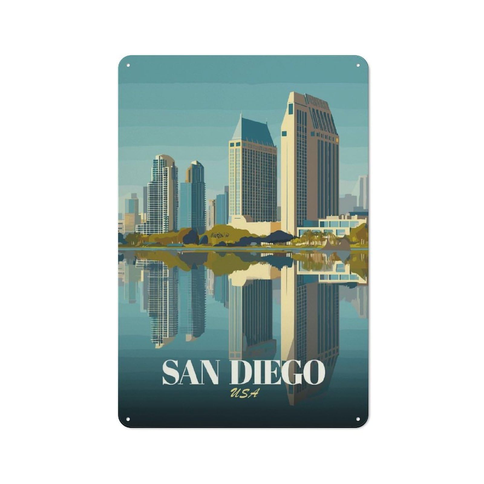Junmoney Style-15 San Diego Skyline Reflection Vintage Metal Sign 30X20cm, Vintage Cafe Wall Decor For Takeaway, Bar, Kitchen Or Counter Area