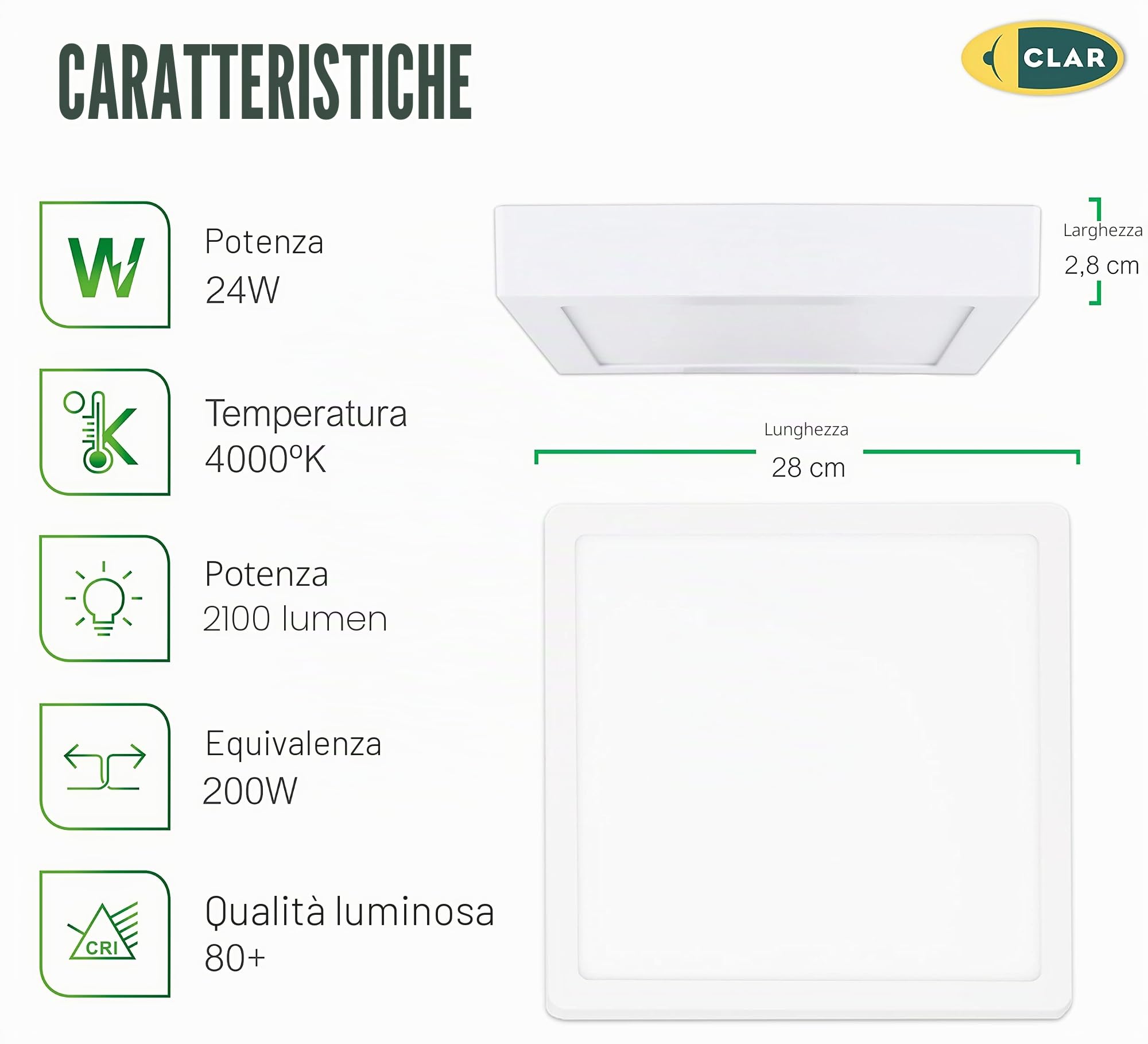 CLAR HYBEC - Plafoniera LED Soffitto Quadrata, Lampade Soffitto, Plafoniera LED Esterno, Lampadario Bagno, Plafoniere a LED, Lampada Cucina, LED Bagno 4000ºK, 24W (Pack 5)