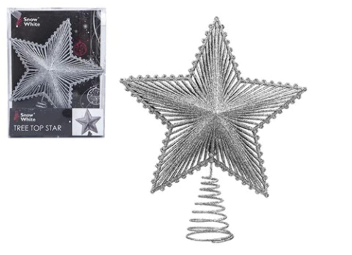 Snow White 22cm Silver Glitter Tree Top Star - Christmas Tree Decorations - Tree Toppers