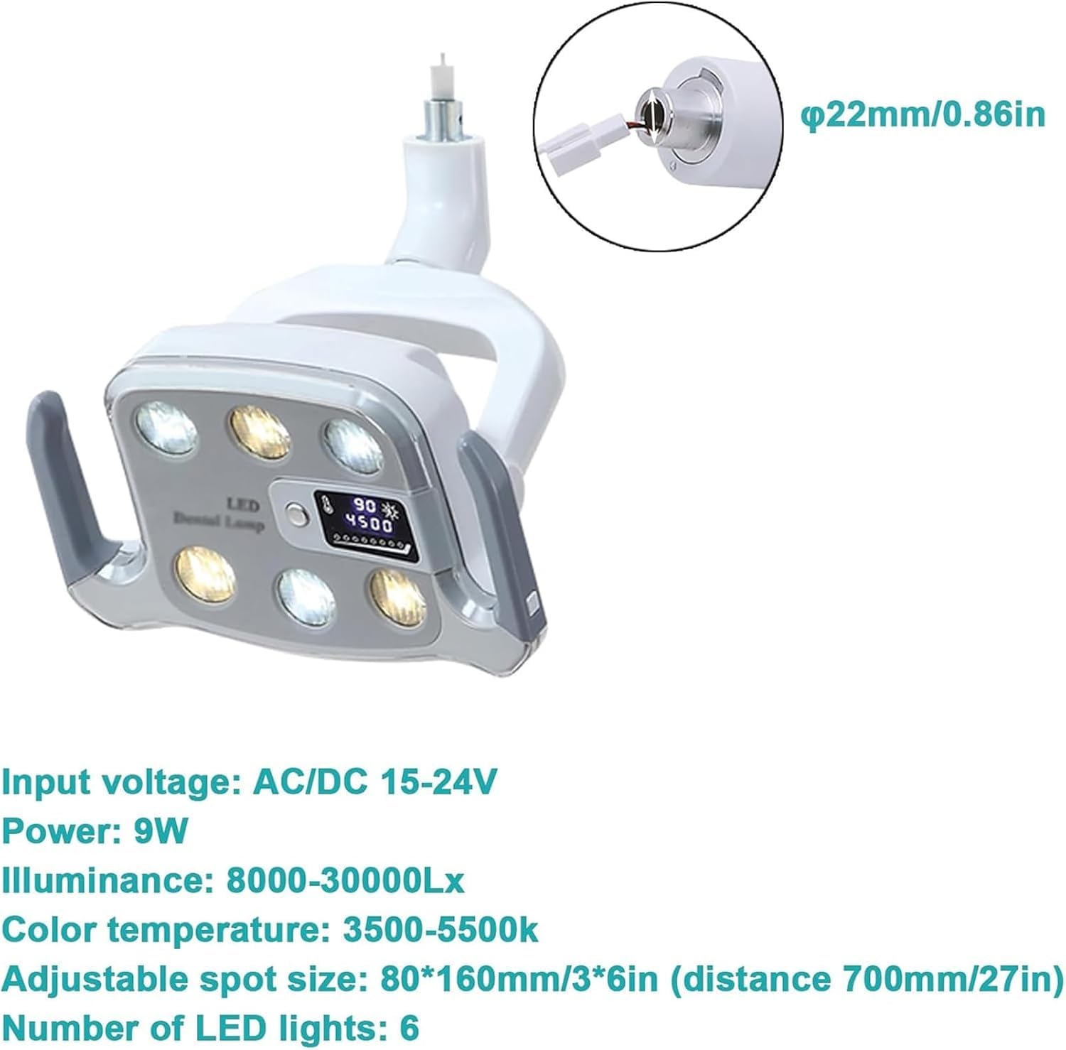 Lampa badawcza LED, 9 W, bezcieniowa lampa LED z 6 diodami LED, temperatura barwowa 3500-5500 K, przyłącze 22/26 mm, do ginekologii, otolaryngologii, otolaryngologii