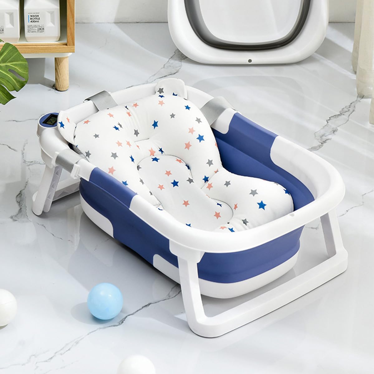 SONARIN Foldable Baby Bathtub with Thermometer & Cushion Pad,Portable Space-Saving Infant Tub Collapsible Travel Shower Basin with Water Plug Non-Slip Legs for Newborn Toddlers(Blue) - Image 2