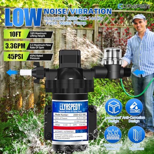Image of Elyaspedy 2026 Upgraded 2088-422-144 RV Fresh Water Pump,12V 3.3GPM Self-Priming Diaphragm Water Pump,45PSI,Includes Pressure Switch and Detachable Filters,No Noise, for RV, Marine, Yacht, Caravan