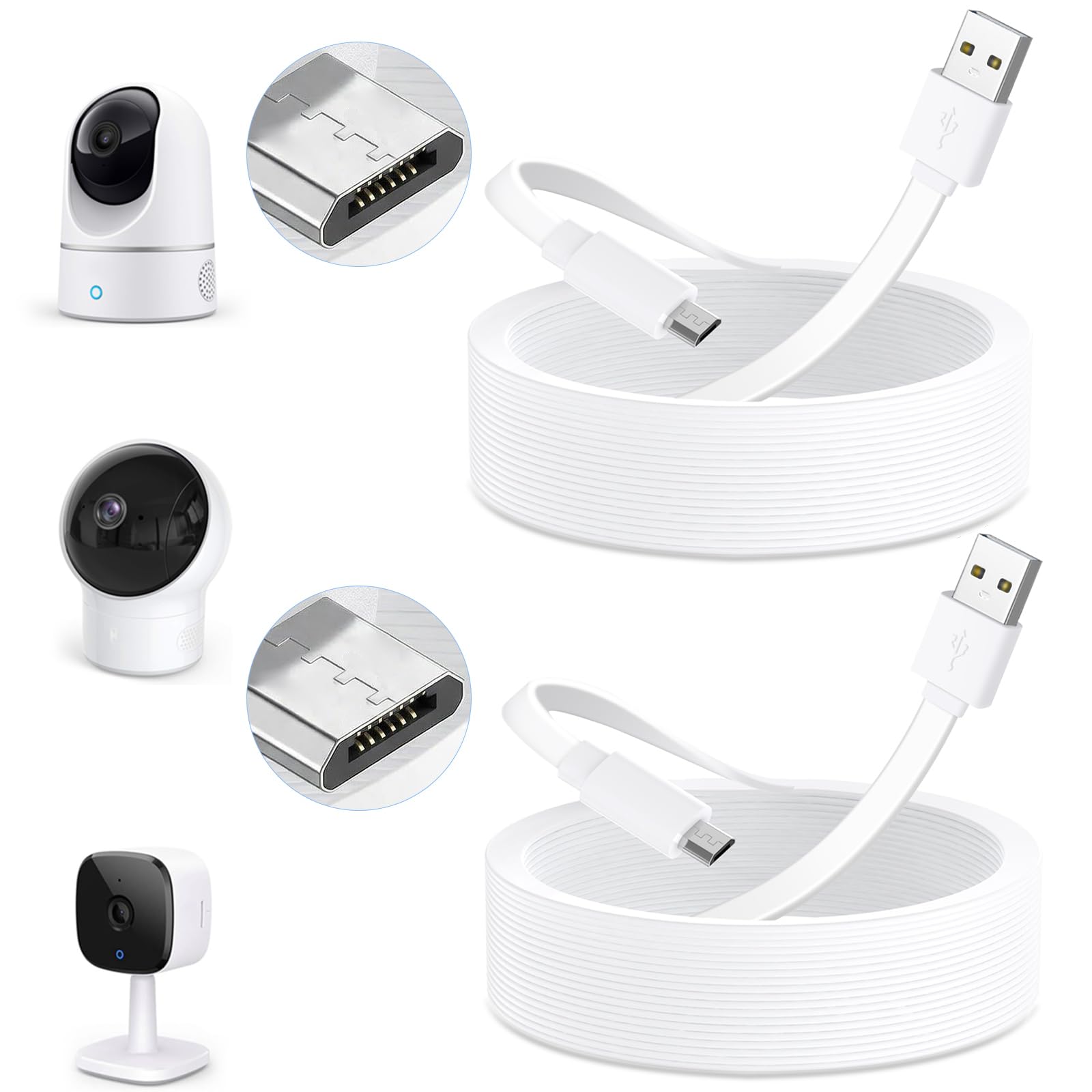 delilyn Przedłużacz micro USB o długości 7,6 m, kompatybilny z Eufy Security Indoor Cam E220/P24, płaski kabel zasilający do eufy Security Indoor Cam C120, odporny na warunki atmosferyczne przewód do