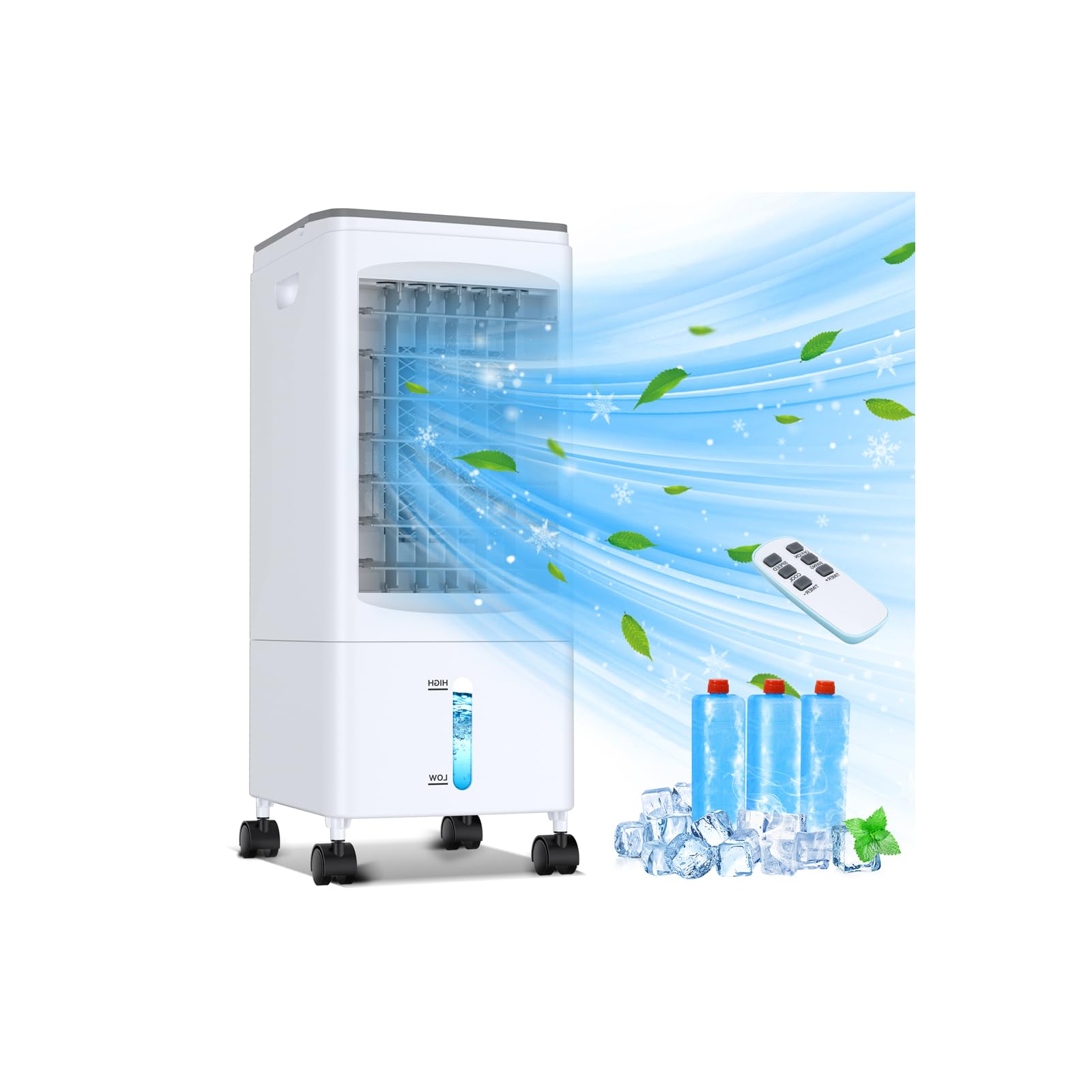 Aire Acondicionado Portatil, Enfriador de Aire 4 en 1, 3 Modos 3 Velocidades, 120° Oscilación, Control Remoto, 20H de Enfriamiento,Temporizador, 3 Cajas de Hielo para Dormitorio/Oficina/Cocina/Hogar