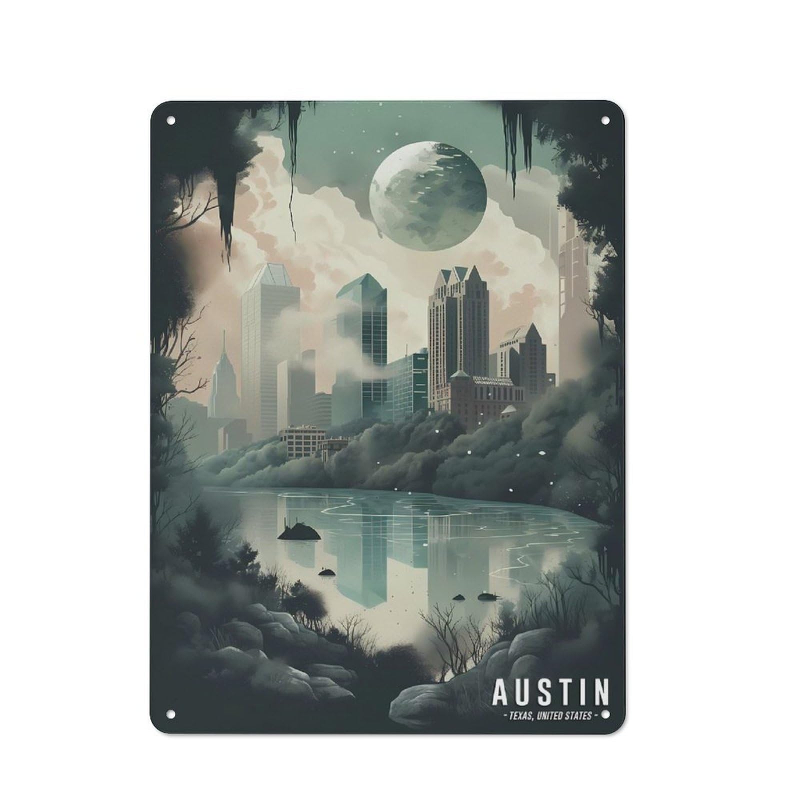 Junmoney Style-6 Austin Skyline Cityscape Retro Metal Wall Decor 40X30cm, Decorative Tin Plaque For Bar, Kitchen, Garage Or Games Room