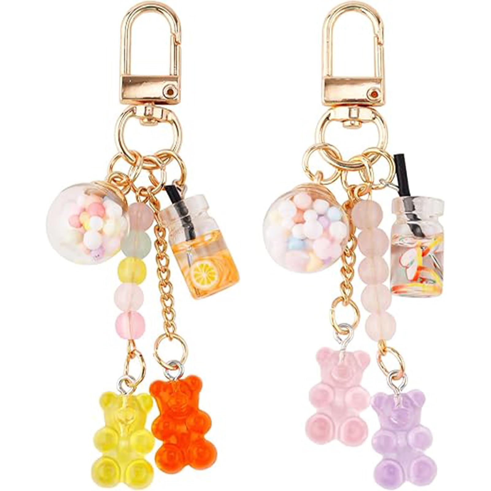 CEEGEWW 2 Pcs Gummy Bear Keychain,Candy Color Bear Keychain,Cute Keyring with Resin Bear Doll Pendant,Backpack Gummy Doll Key Ring Accessories,for Women Girls Kids(Pink/Purple/Yellow/Orange)