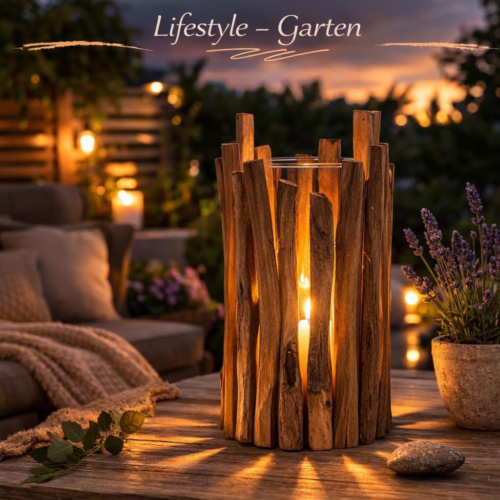 formano Windlicht Holz groß Kastanienholz Laterne 38 cm mit Glaseinsatz, rustikale Garten & Wohnzimmer Deko, massives Naturholz Teelichthalter für Terrasse, Balkon & Eingangsbereich