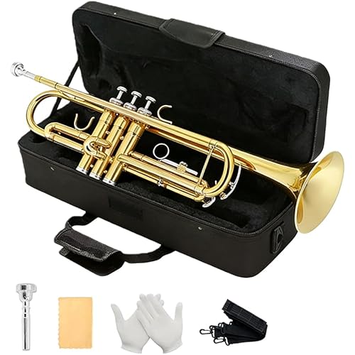 Trumpet Set for Beginners and Student Orchestra - Includes Gold-Plated Standard Trumpet, Hard Case, 7C Mouthpiece, Cleaning Kit, Gloves (Beautiful tone)