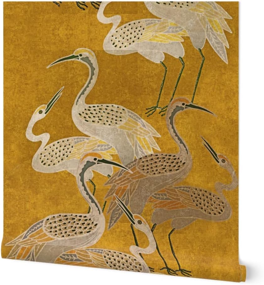 Spoonflower Peel & Stick Wallpaper 3ft x 2ft - Art Deco Cranes Golden Birds Gold Oriental Texture Silver Custom Removable Wallpaper
