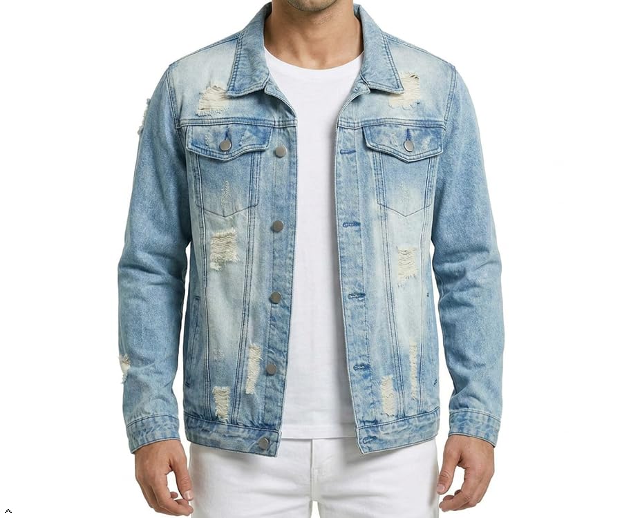 Image of RANMCC Men's Elastic Ripped Denim Jacket, Vintage Washed Frayed Trucker Coat, Lightweight Casual All Season Street Outerwear