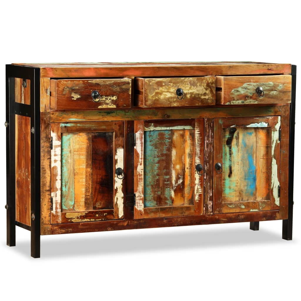 Buffet en bois recyclé massif 120 x 35 x 76 cm fait main avec trois tiroirs de style vintage