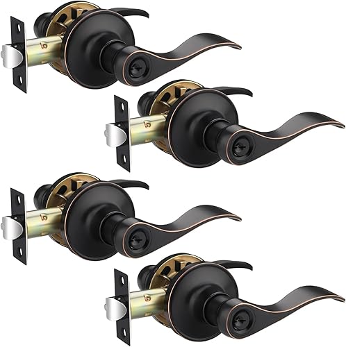 Paquete de 4 manijas de puerta de entrada con llaves en acabado de bronce aceitado, manija de puerta con cerradura y llave, palancas de puerta