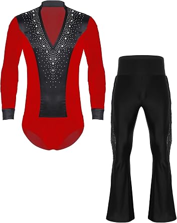Mens Ballroom Latin Dance Outfit V Neck Leotard with Tassel Flared Pants