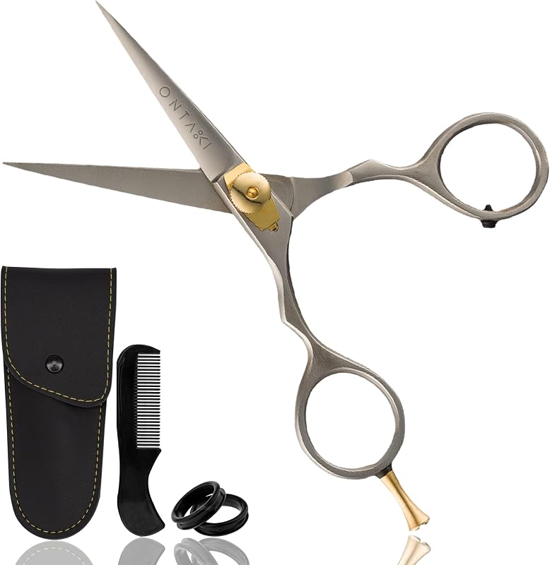 Tesoura para barba e bigode ONTAKI com pentes, aço japonês, 5,5 polegadas, prata