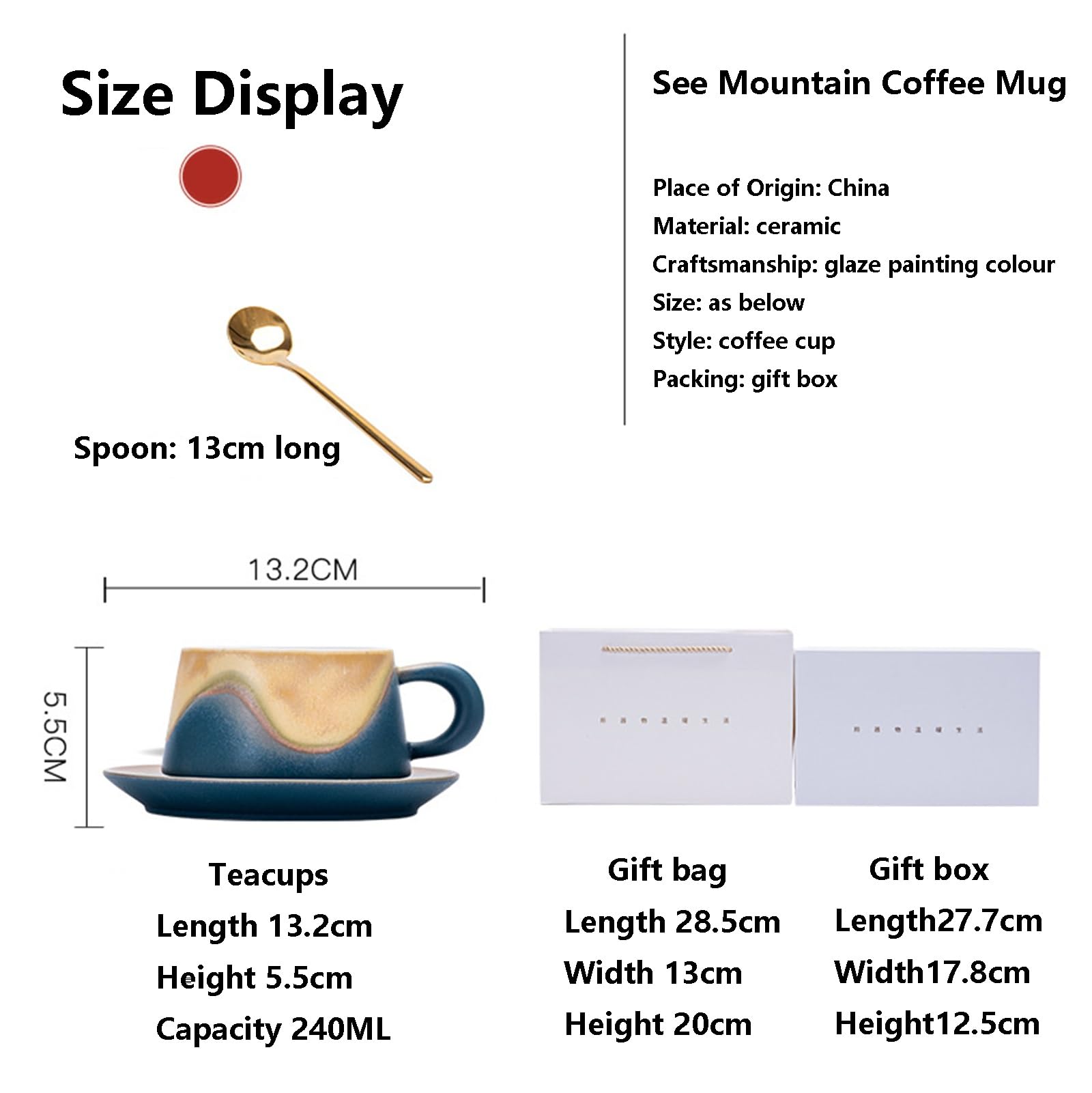 Ceramiczny kubek do espresso i spodek, z pasującym spodkiem i złotą łyżką, ceramiczny kubek na wodę, kubek do herbaty 237 ml (pomarańczowy)
