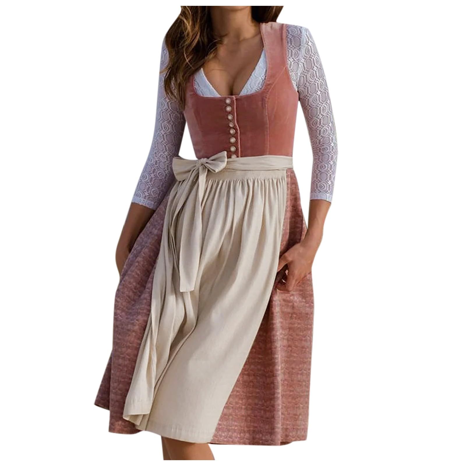 JiJiRuDU Dirndl Damen Lang Trachtenkleid mit Schürze Trachtenmode für Oktoberfest Dirndlkleid