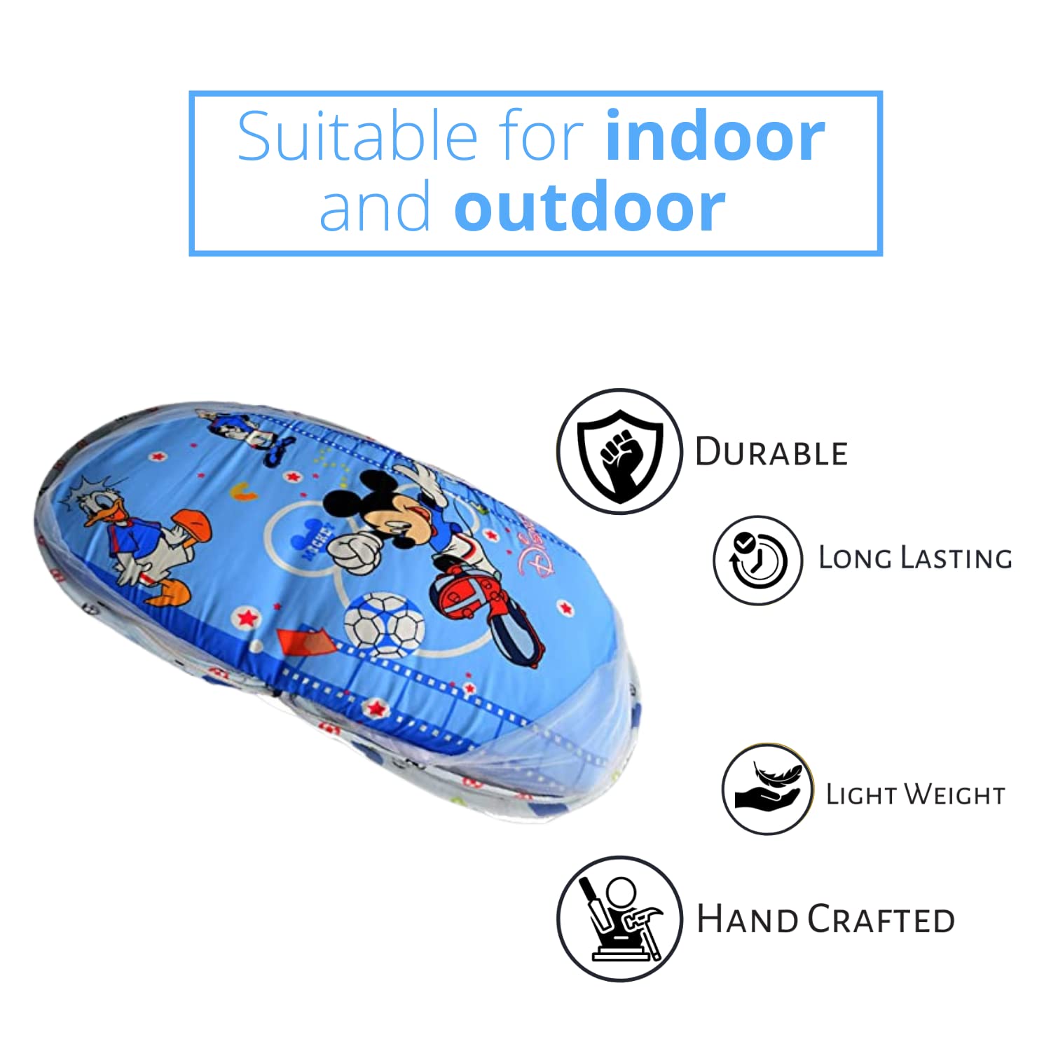 Disney Baby Tales Baby Bed with Thick Mattress, Mosquito Net with Zip Closure & Neck Pillow, Baby Bedding for New Born, 3M+, Disney Print, Baby Sleeping Bed of 78x45x40cm Size (Blue - Mickey Mouse Sports) - Image 4 thumbnail