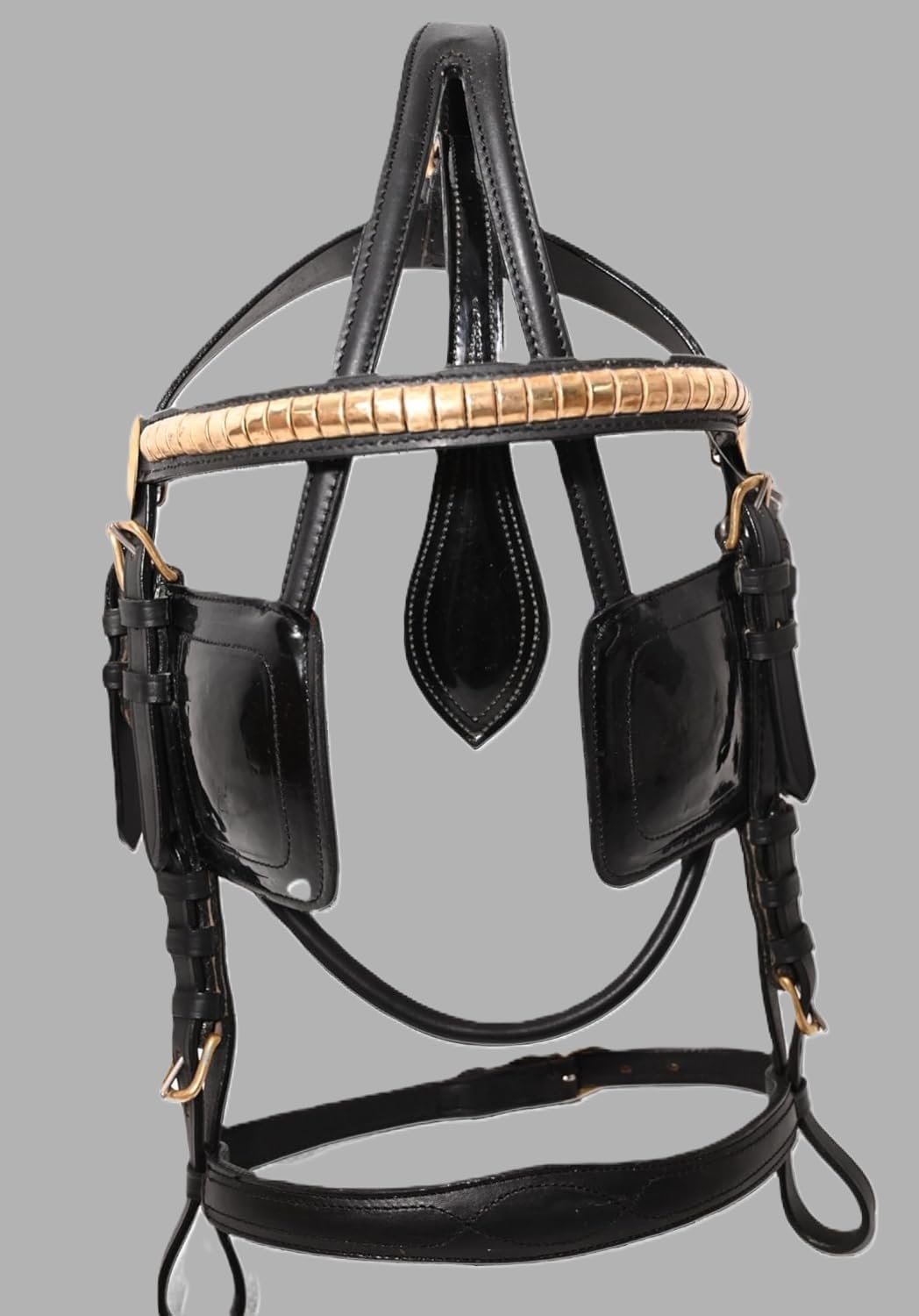 Leather Horse Driving Harness Bridle Patent Blinkers Golden Fittings Black (Extra-Full)