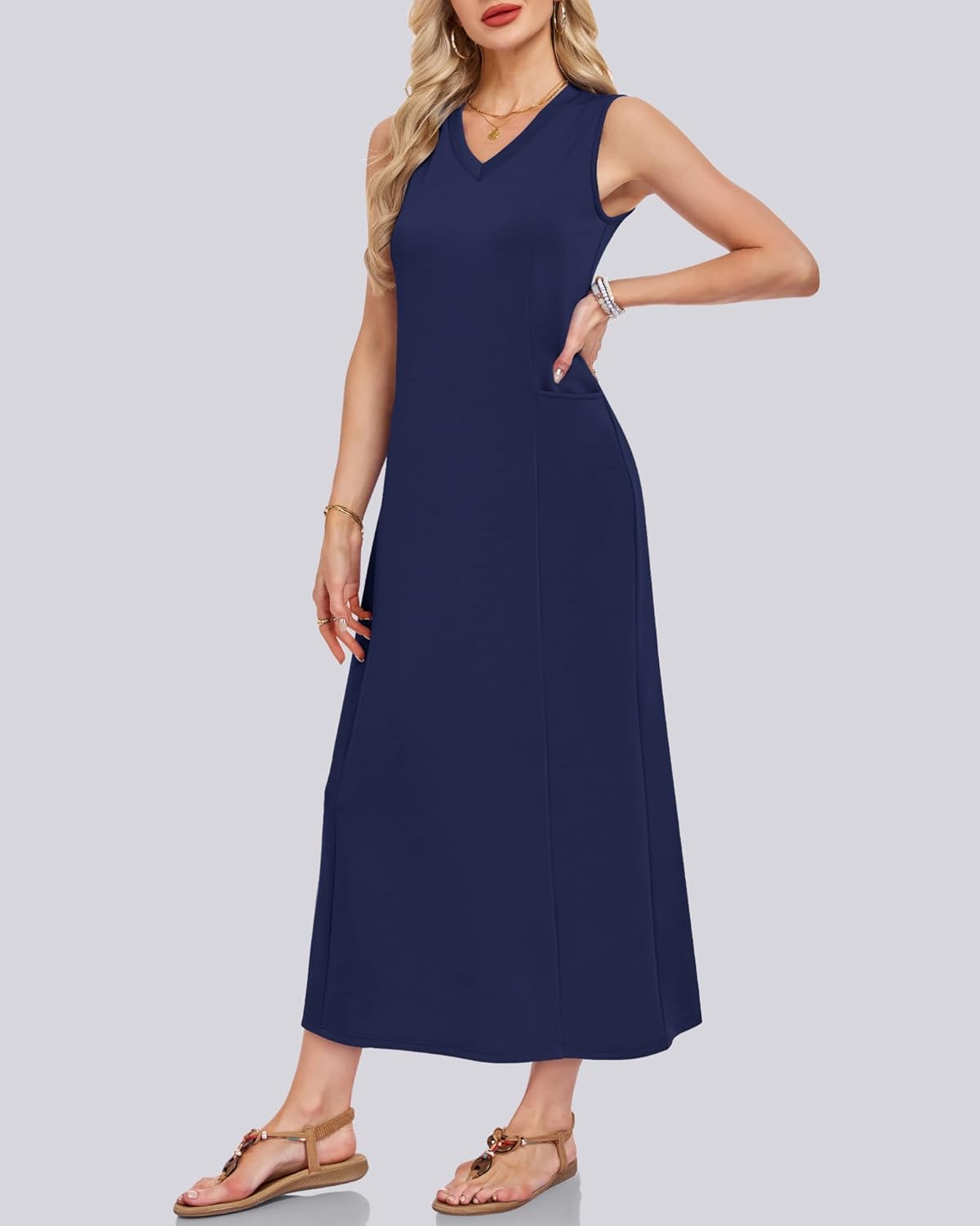 MISFAY Women Summer Maxi Dresses 2026 Casual V Neck Wrinkle-Free Long Sundress Slit Shirt Dress Vacation Outfits with Pockets - Image 4