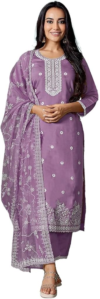 DREAMANGEL FASHION Womens Embroidered Work Chanderi Kurta & Pant With Dupatta