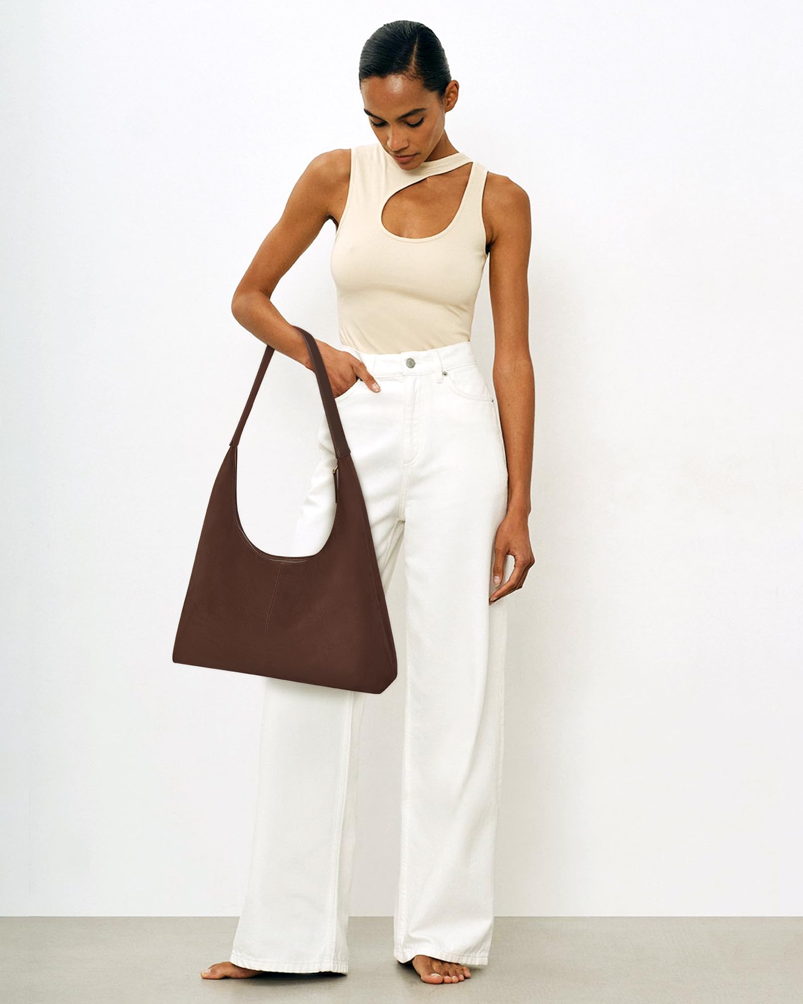 Lushandy Brown Suede Purse Faux Suede Tote Bag Leather Hobo Bags for Women Slouchy Hobo Bag Fall Purse Shoulder Bag