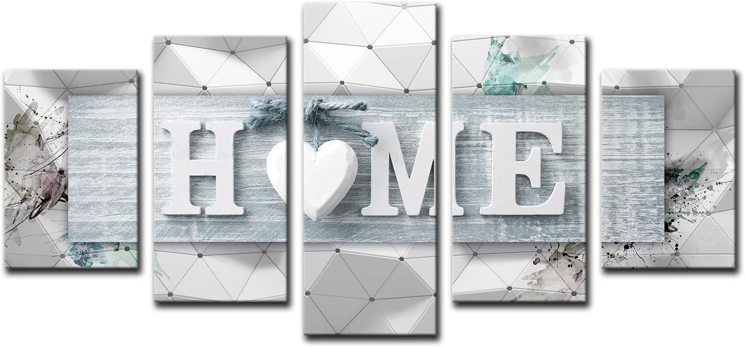 AWLXPHY Decor Home Love Wall Art Canvas Blue and White 5 Panels Framed Painting for Living Room Decoration Modern Still Life Love Stretched Artwork 3D Giclee Home Decor(Blue, W40 x H20) Blue W40 x H20