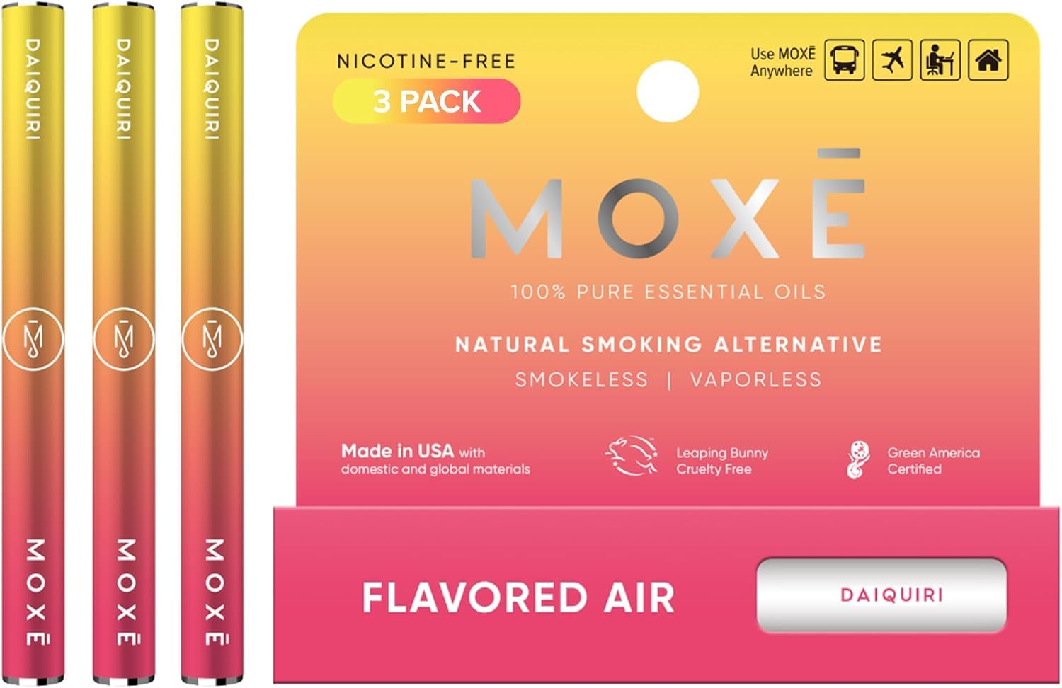 MOXE Natural Daiquiri Smokeless Inhaler, Non-Electric Craving Relief, 3PK | Passionfruit, Orange, Vanilla &amp; Menthol Essential Oils Flavored Air, Oral Fixation Support, Cooling Sensation, No Batteries