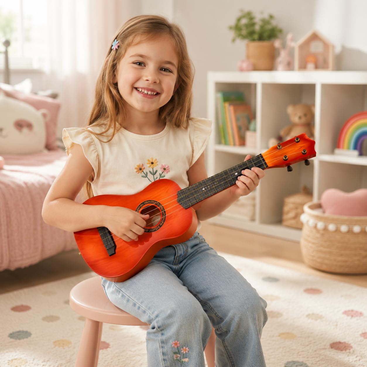 Guitarra para niños con 4 cuerdas y púa ukelele juguete instrumento musical para niños guitarra clásica de plástico cm 58 ukelele 4 cuerdas instrumentos musicales juguete educativo (a)