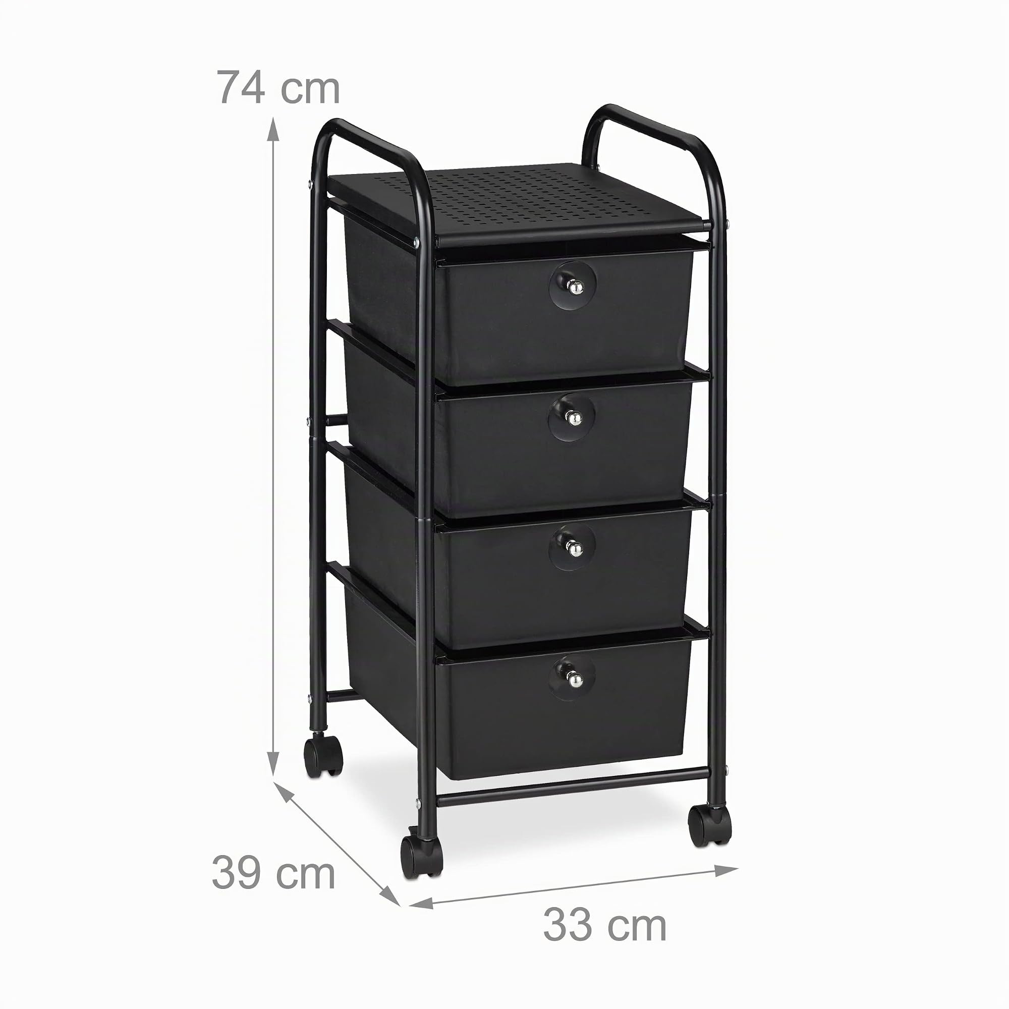 Relaxdays Carrellino Salvaspazio con 4 Cassetti, Metallo & Plastica, Carrello Porta Trucchi da Bagno, Multiuso, Nero