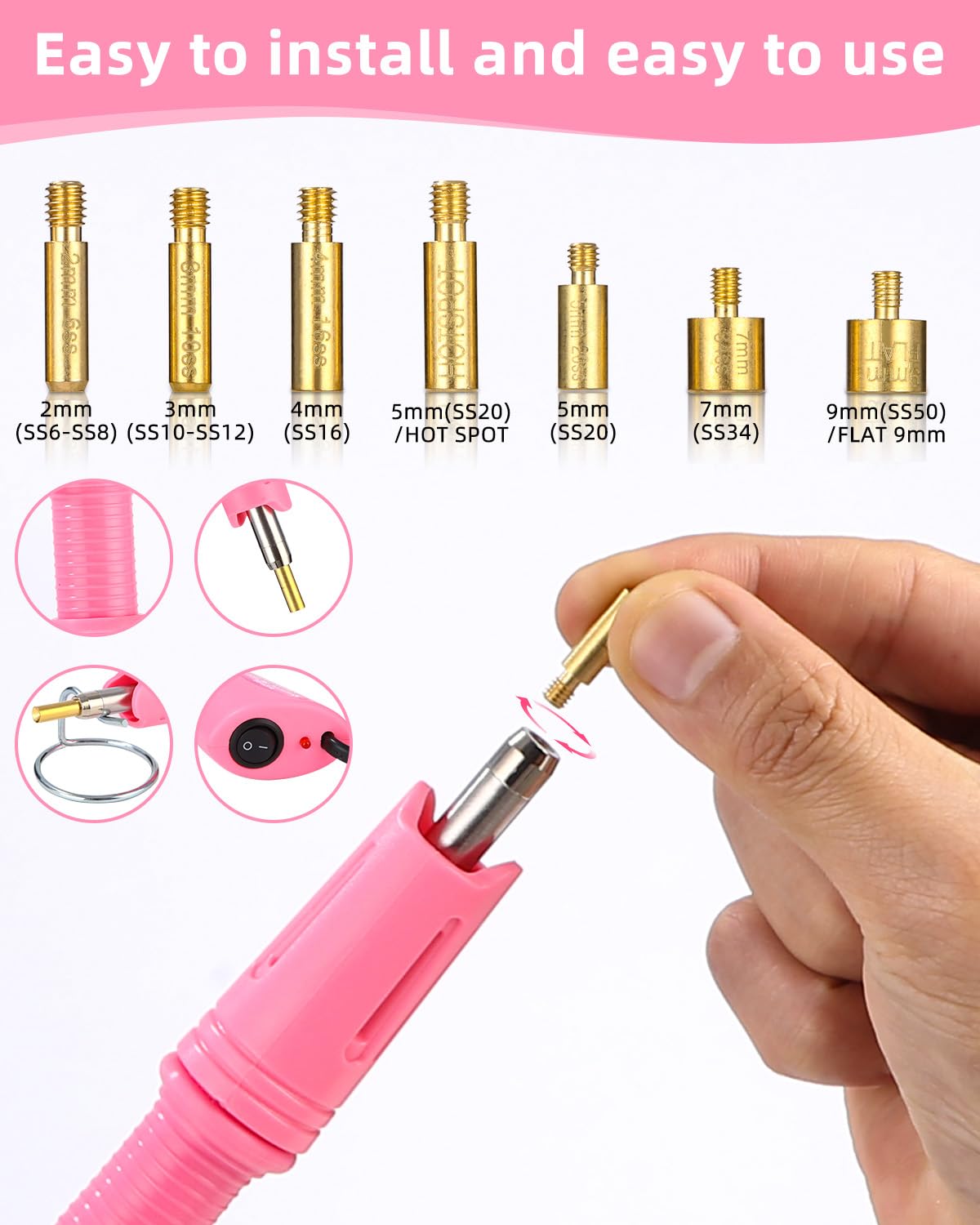 Applicateur Hotfix Strass Avec 7 Pointes - Kit Complet Rose Pour Bijoux & Vêtements