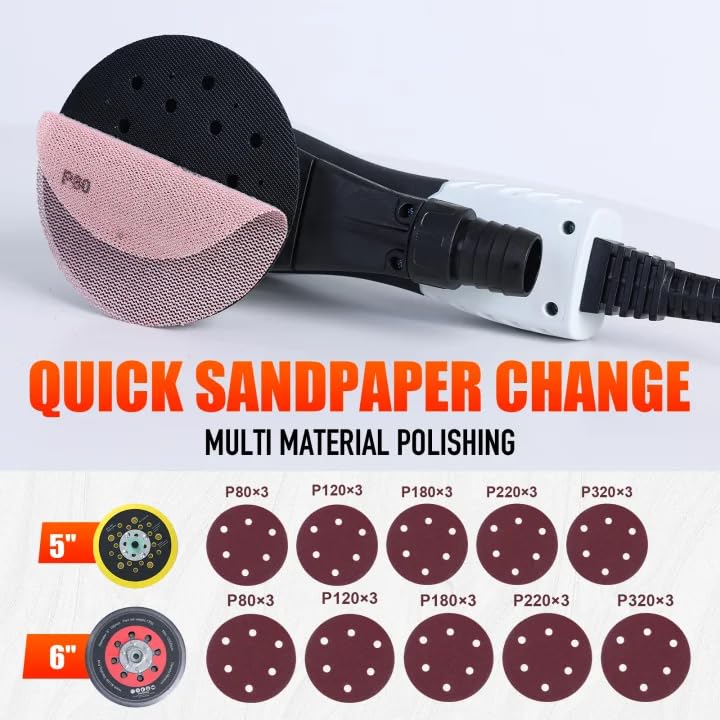 Image of Autolock Electric Random Orbital Sander, 350W Brushless Motor with 5 & 6 Inch Pads, 10000RPM Palm Sander for Woodworking, Sanding and Polishing (1pcs)