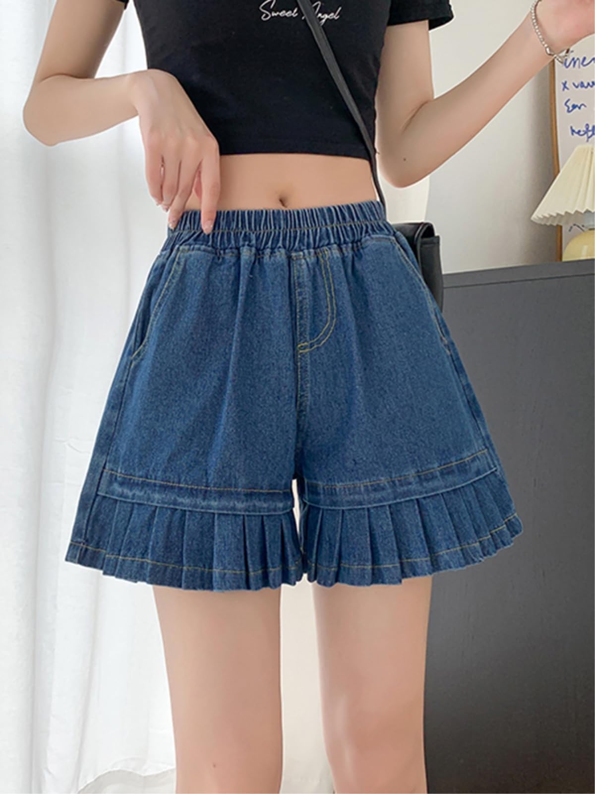 Shorts Jeans Donna Loose Plus Size Women's Denim Gonne Estate Elastic Waist Wide Leg Cotone Piezzato-Deep Blue-2xl