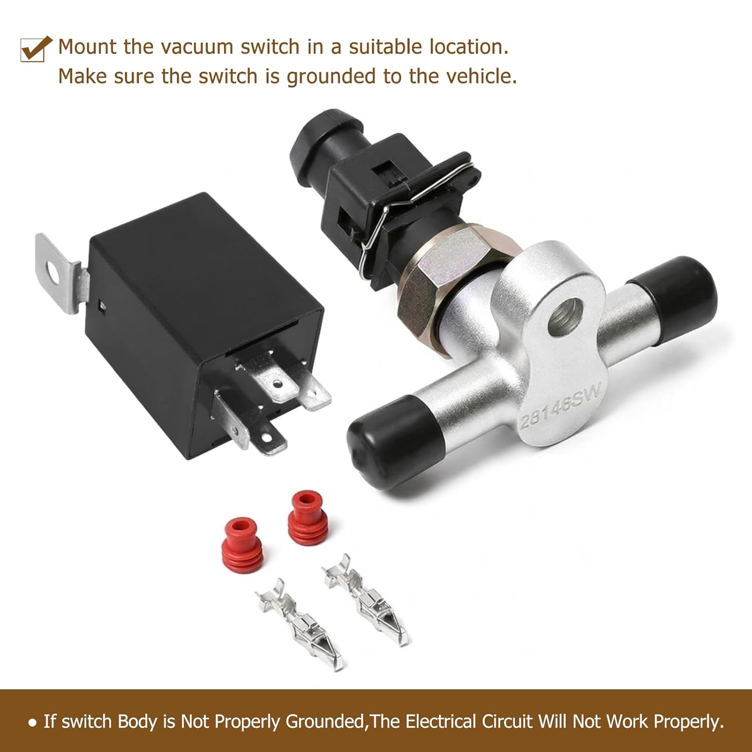 28146 Electric Vacuum Pump Switch & Relay Kit for Brake Booster - Normally Open Pressure Sensor with 28146 Relay - Replacement for Universal Vacuum Pump Systems