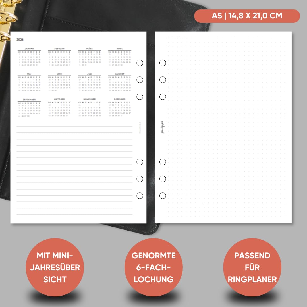 pen & pages® Kalender 2026 "Tagesplan" 1 Woche auf 2 Seiten DIN A5 Kalendereinlage für Ringbuch mit Monatsübersicht Jahresübersicht DACH Feiertagen 6 fach Lochung (All-in-One)