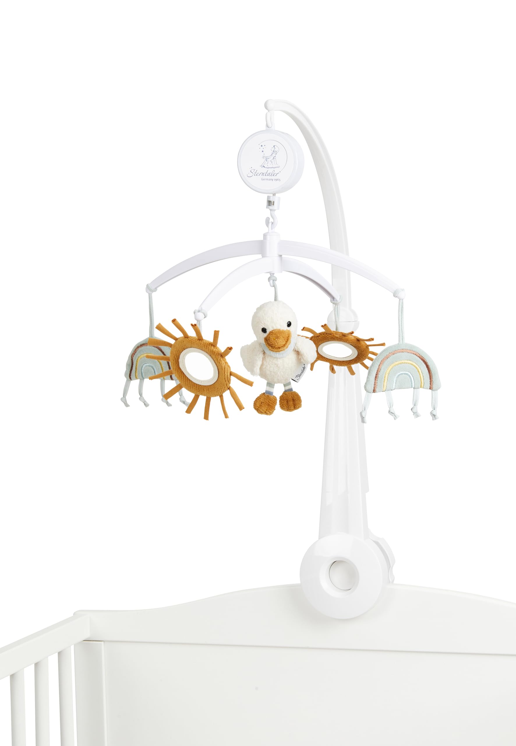 Sterntaler Baby Mobile Ente Edda Lou, Musikmobile für Jungen und Mädchen mit der Melodie Brahms Wiegenlied und weißen Gestänge, Einschlafhilfe