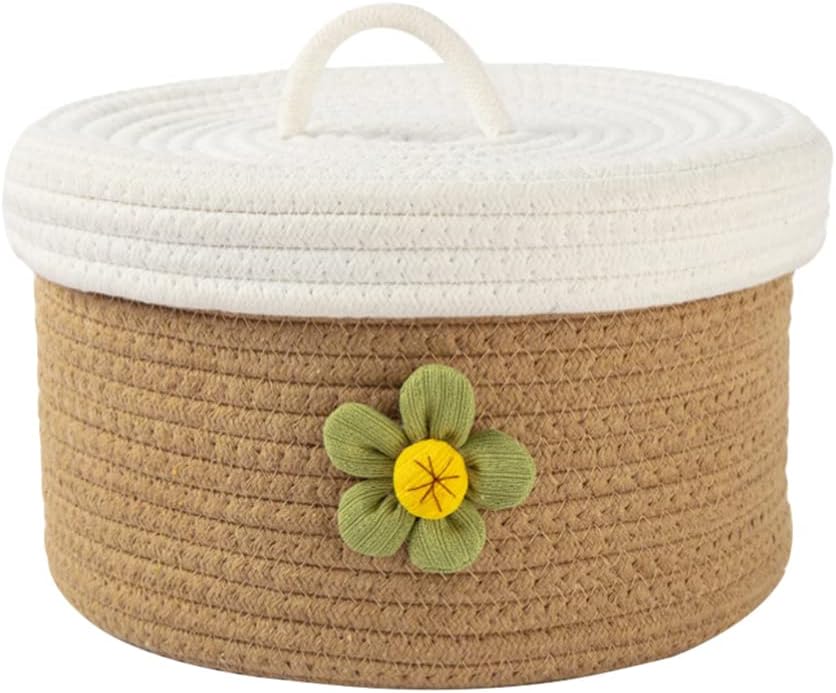 Zerodeko Lidded Cotton Rope Storage Basket Small Woven Organizer for Toys Clothes and Home Decor Stylish Round Basket Lid for Dining Room and Living Room Use