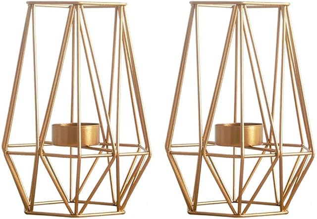 NUPTIO Set of 2 Metal Hexagon Shaped Geometric Design Tea Light Votive Candle Holders, Iron Hollow Tealight Candle Holders for Vintage Wedding Home Decoration, Gold Christmas Candle Holder(L + L)