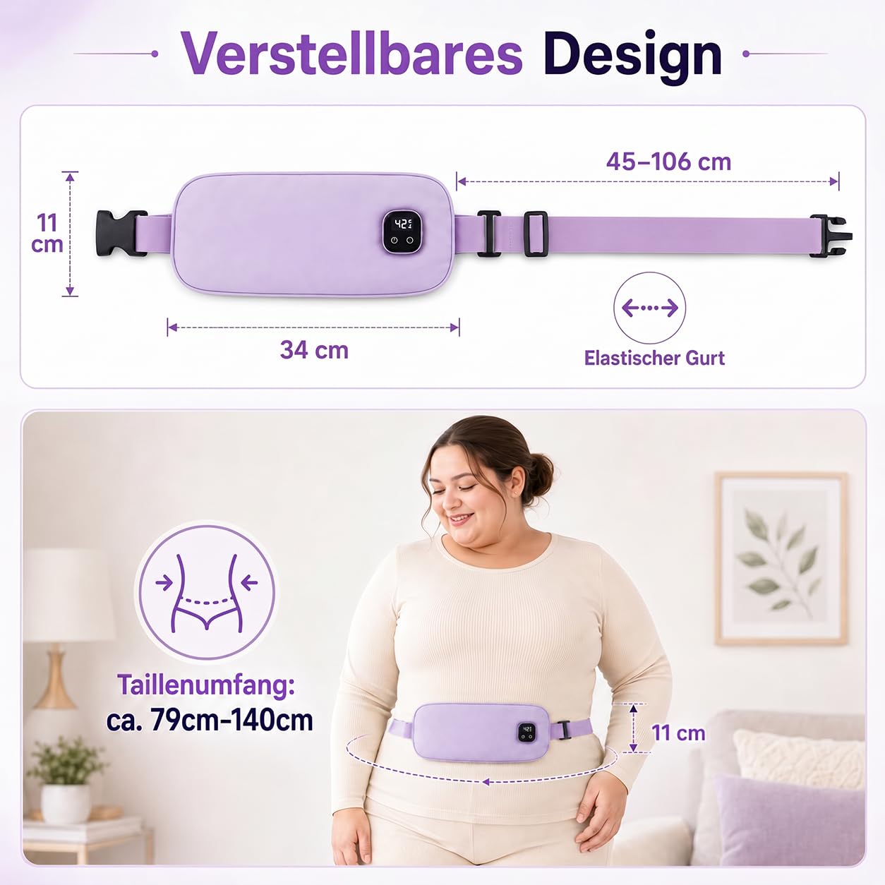 Wärmegürtel Periode, 5000mAh Perioden Wärmegürtel für Krämpfe, 3 Wärmestufen&Vibrationsmassage, 11x140cm Kabellos Heizgürtel für Periode-Bauch und -Rücken, Geschenk für Frauen und Mädchen (Lila)