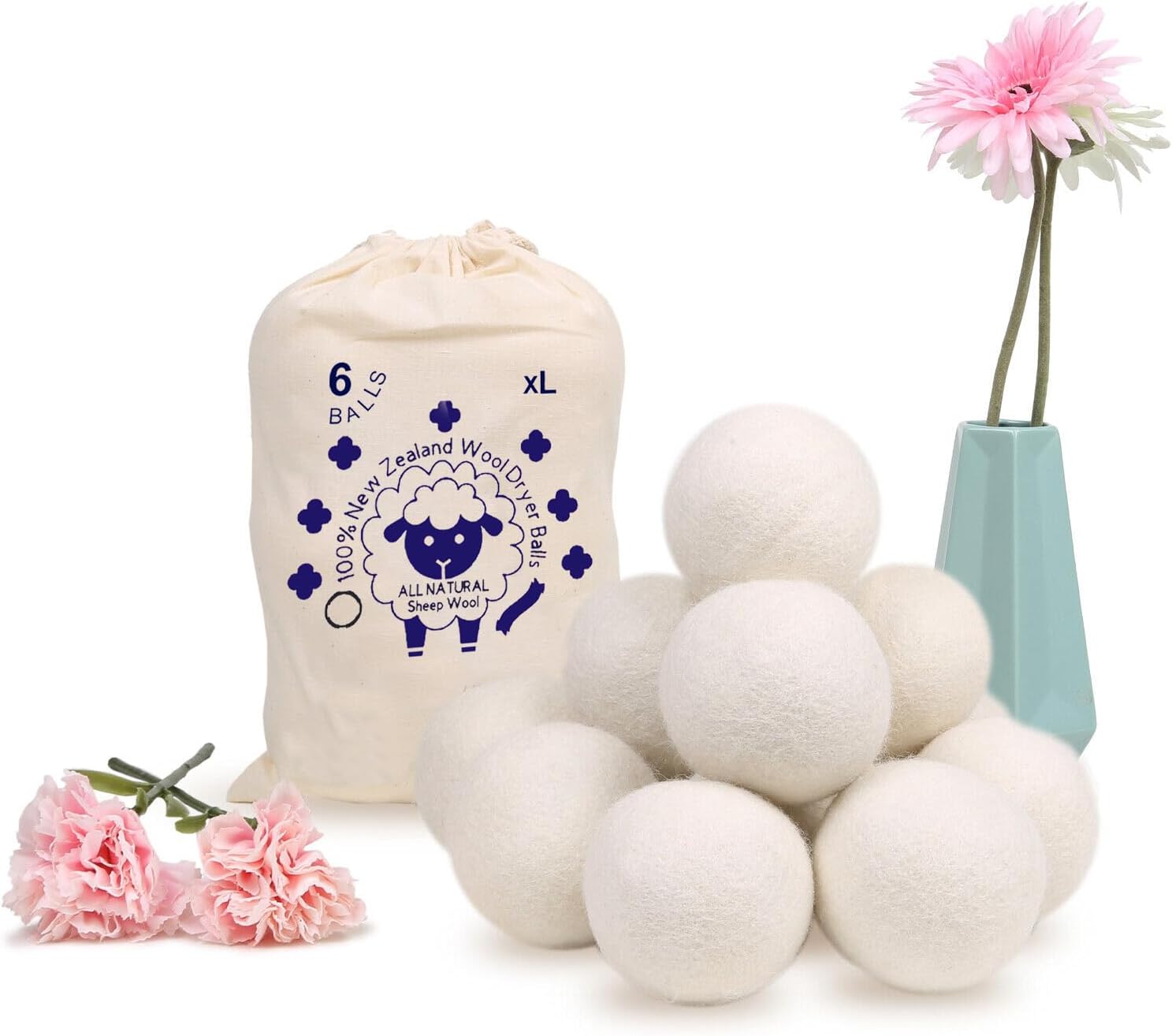 Wool Dryer Balls - 6-Pack - XL Premium Natural Fabric Softener - Made with 100% New Zealand Wool That Replaces Dryer Sheets - Reusable Laundry Balls for Dryer - Lint Remover - Cotton Balls