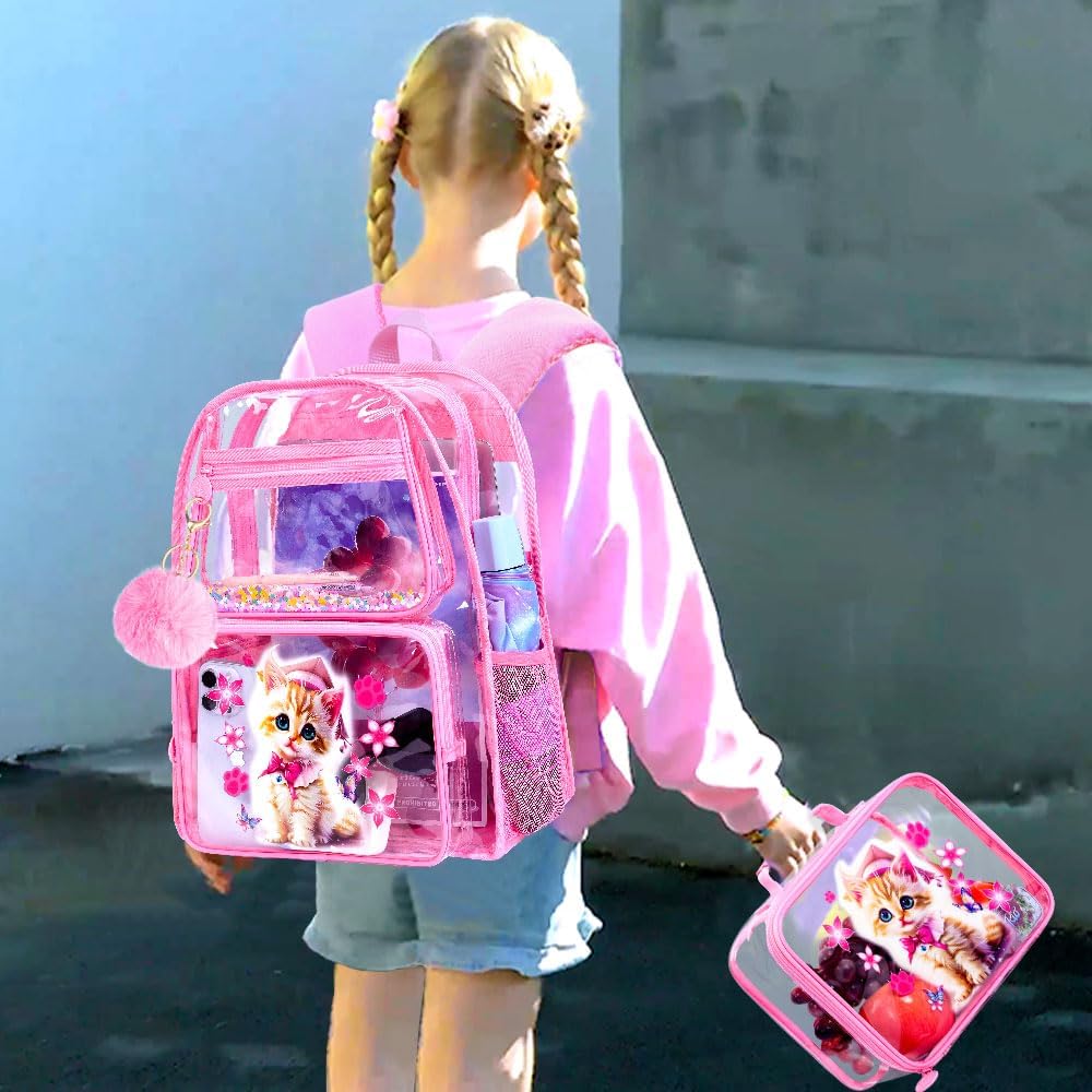 AGSDON 3PCS Clear Backpack for Girls, See Through Backpacks for Kids with Lunch Box, Heavy Duty Transparent Bookbag - Cat