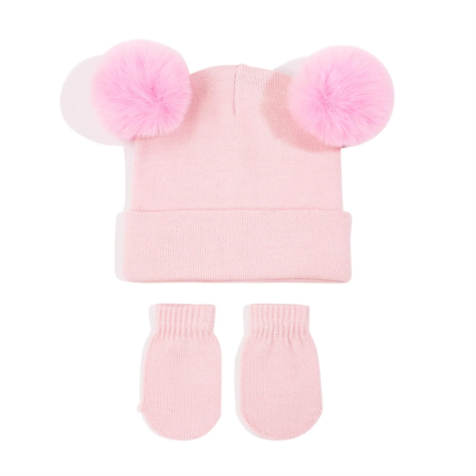 Bonito gorro tejido con bolas de lana for bebés, conjunto de guantes en otoño e invierno, gorro con protección de oídos for bebés, gorros con pompones dobles for niños y niñas(M 1-4 years,Pink)
