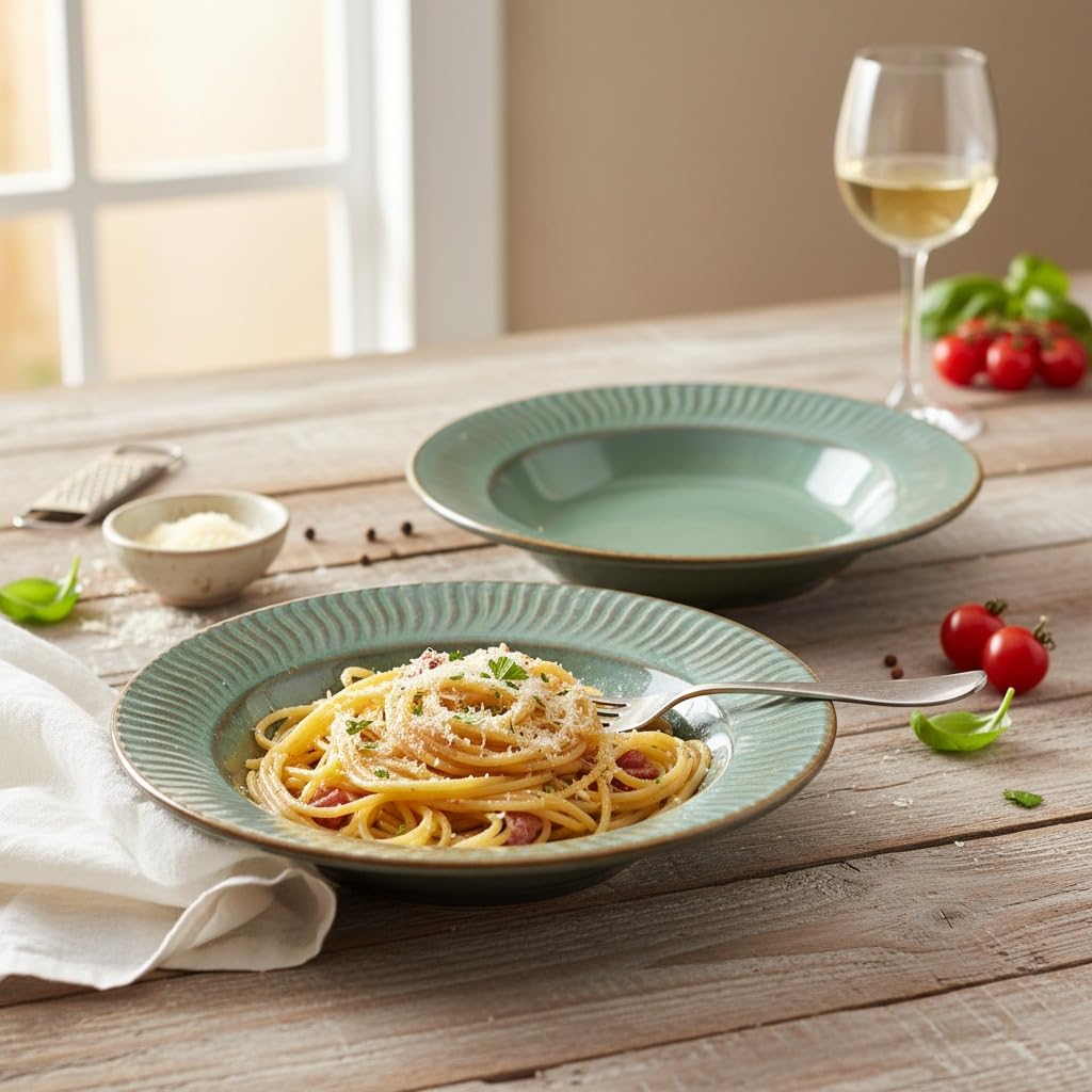 Beyond Homes Ceramic Pasta Plates Shallow, 9.5 Inch, Set of 2 | Gloss Metallic Glaze | Ceramic Pasta Bowls | Stoneware Flat Pasta & Maggie Bowl | Chip-Resistant | Microwave Safe (2, Jade Green)-image-49