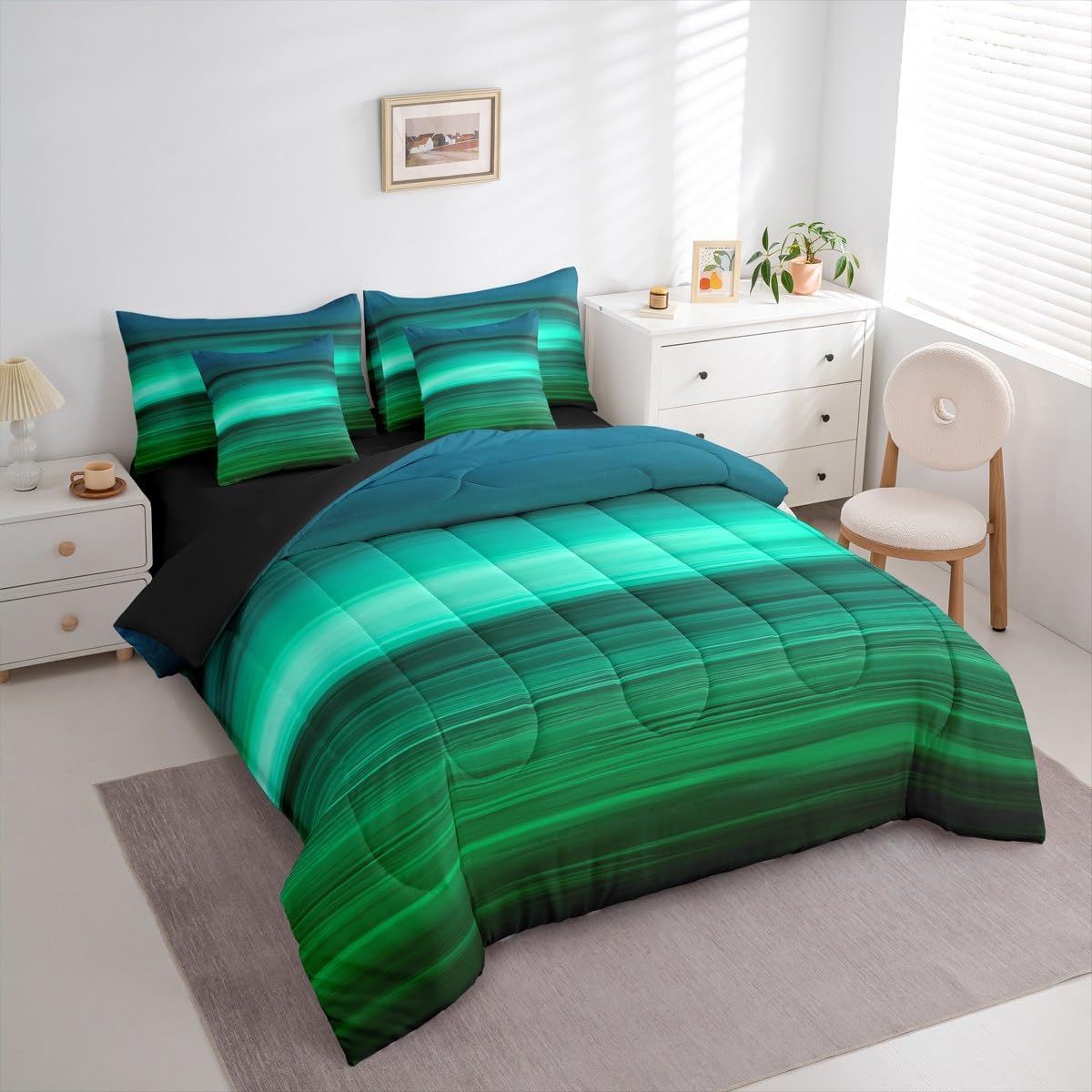 Feelyou Green Teal Bedding Set Turquoise 7 Piece Bedding Set Green Minimalist Lines Comforter Modern Design Bed Set Includes Comforter, Sheet Set, Pillowcases & Pillow Covers Quilt Full Size Boys